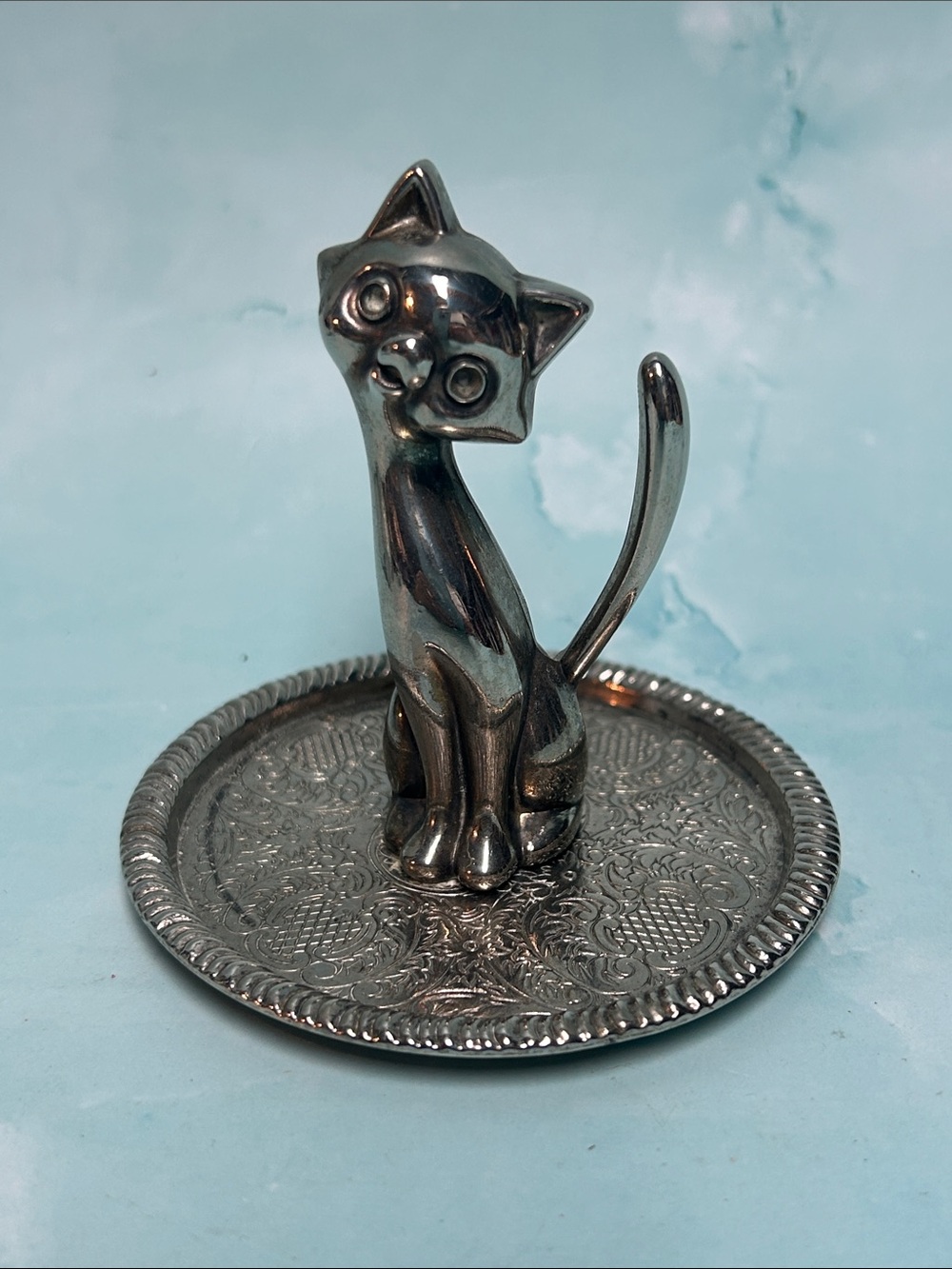 Vintage "EP Zinc Alloy Silver" Kitty Cat Ring Holder